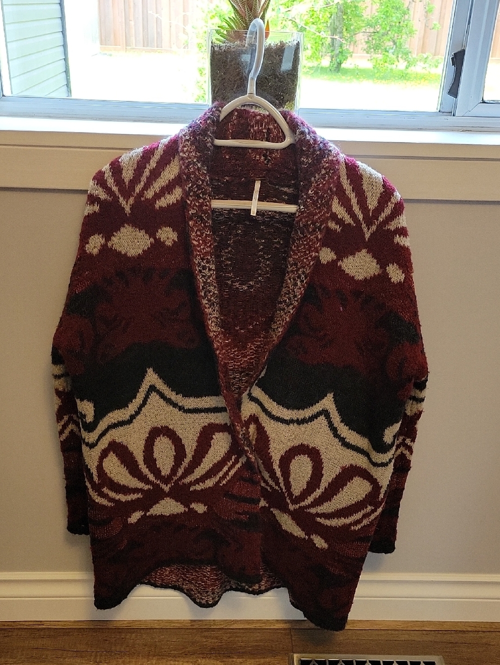 Oversized Burgundy Black Cream Patterned Shawl Cardigan